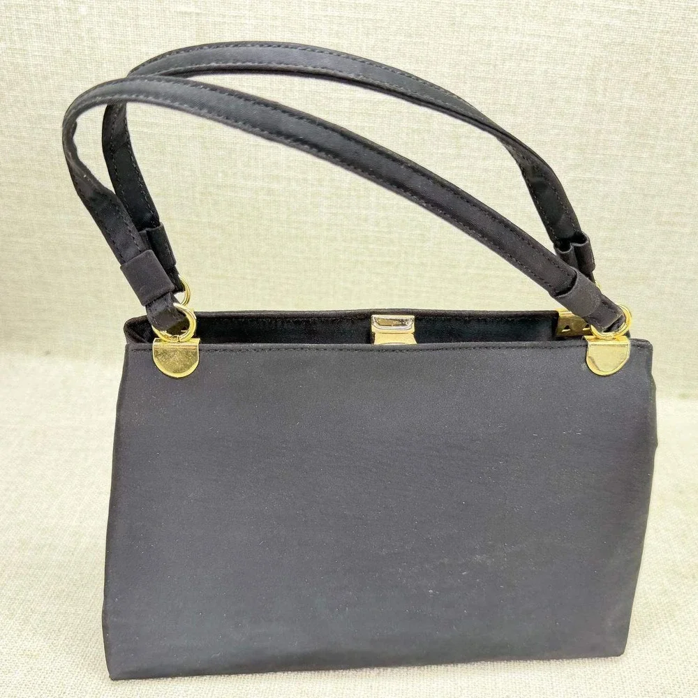 Miss Lewis Vintage Black Satin Evening Bag Gold Kiss Lock Triple Compartment